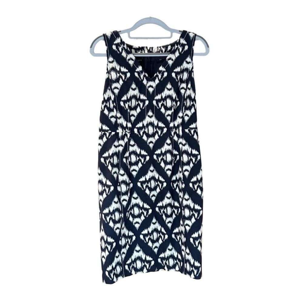 Talbots Sleeveless V-Neck Sheath Darted Midi Dress Navy Blue/Off White 8P